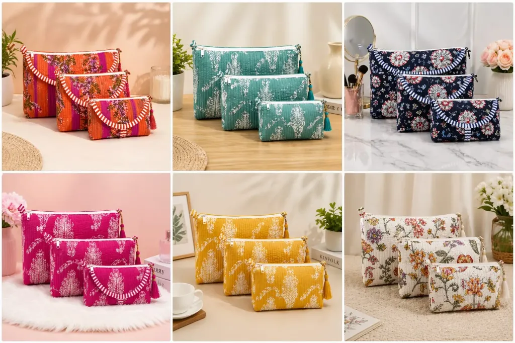 handmade quailted pouch set of 3 multicolor