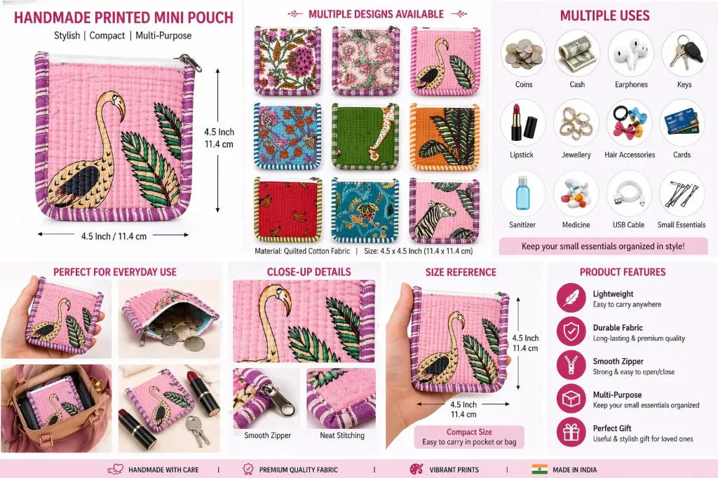 printed multicolor coin pouch pack of 4 for women  ( multi purpose pouches)