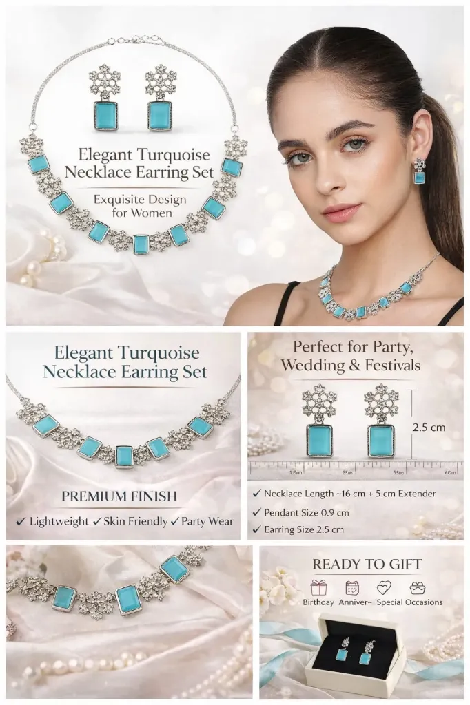 Turquoise Blue Stone Necklace and Earring Set for Women | Square Stone Designer Fashion Jewelry | Wedding, Party & Festive Gift | Kalakriti Creations