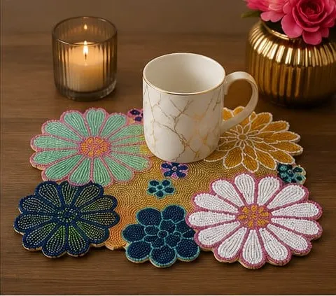 Handmade Floral Multicolor Beaded Table Runner (30 x 40 cm) | Decorative Dining & Center Table Runner | Pack of 1 | Kalakriti Creations