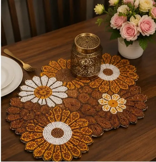 Handmade Floral Multicolor Beaded Table Runner (30 x 40 cm) | Decorative Dining & Center Table Runner | Pack of 1 | Kalakriti Creations