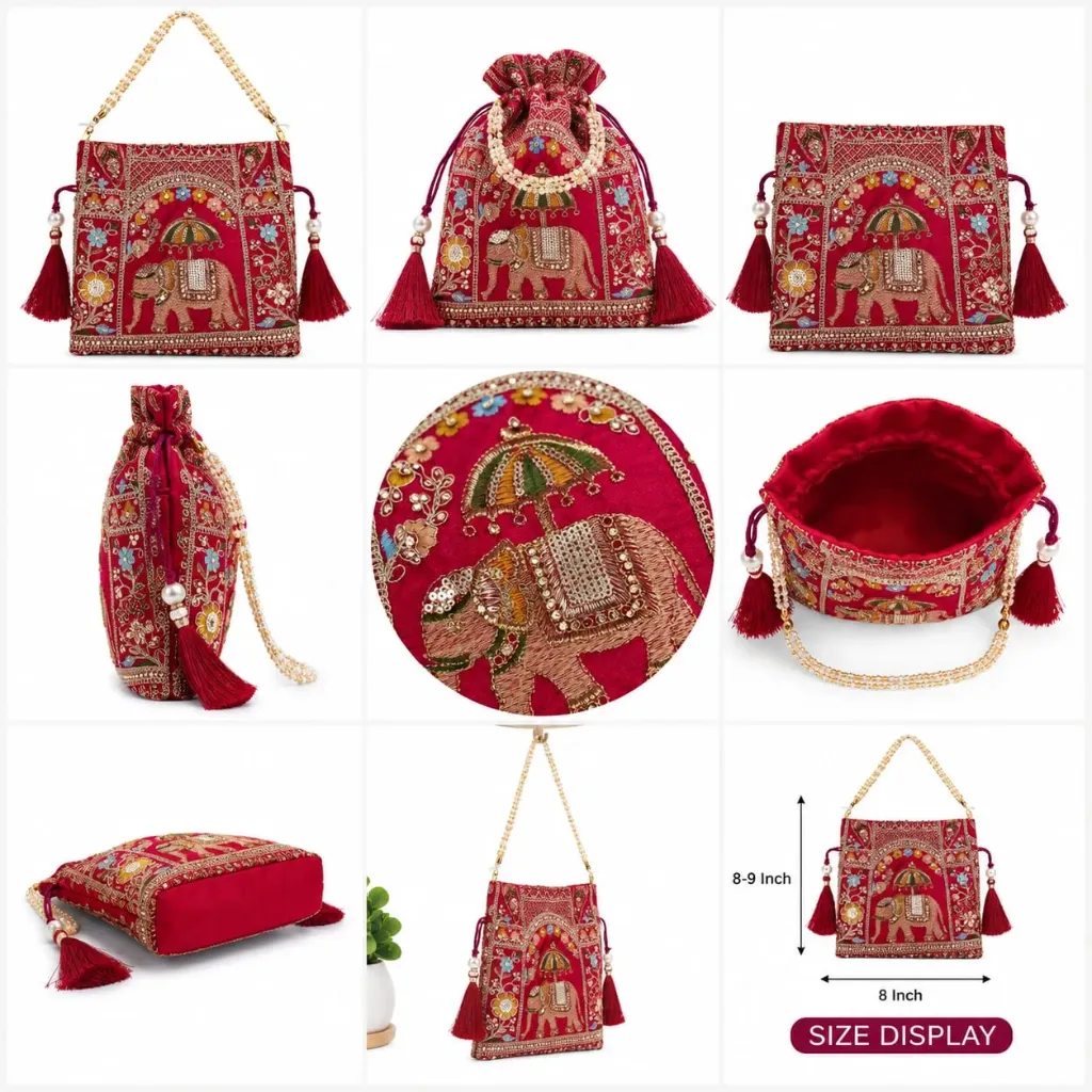 Royal Elephant Embroidered Potli Bag for Women | Handmade Ethnic Wedding Purse|| Kalakriti Creation