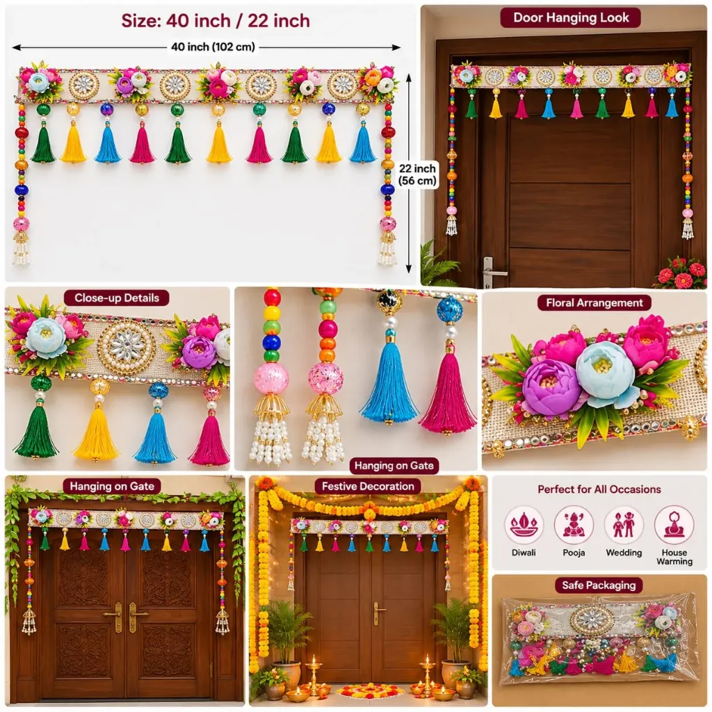 Handmade Floral Door Toran Bandhanwar with Mirror Work & Tassels | Traditional Main Door Hanging Decoration for Diwali, Navratri & Housewarming