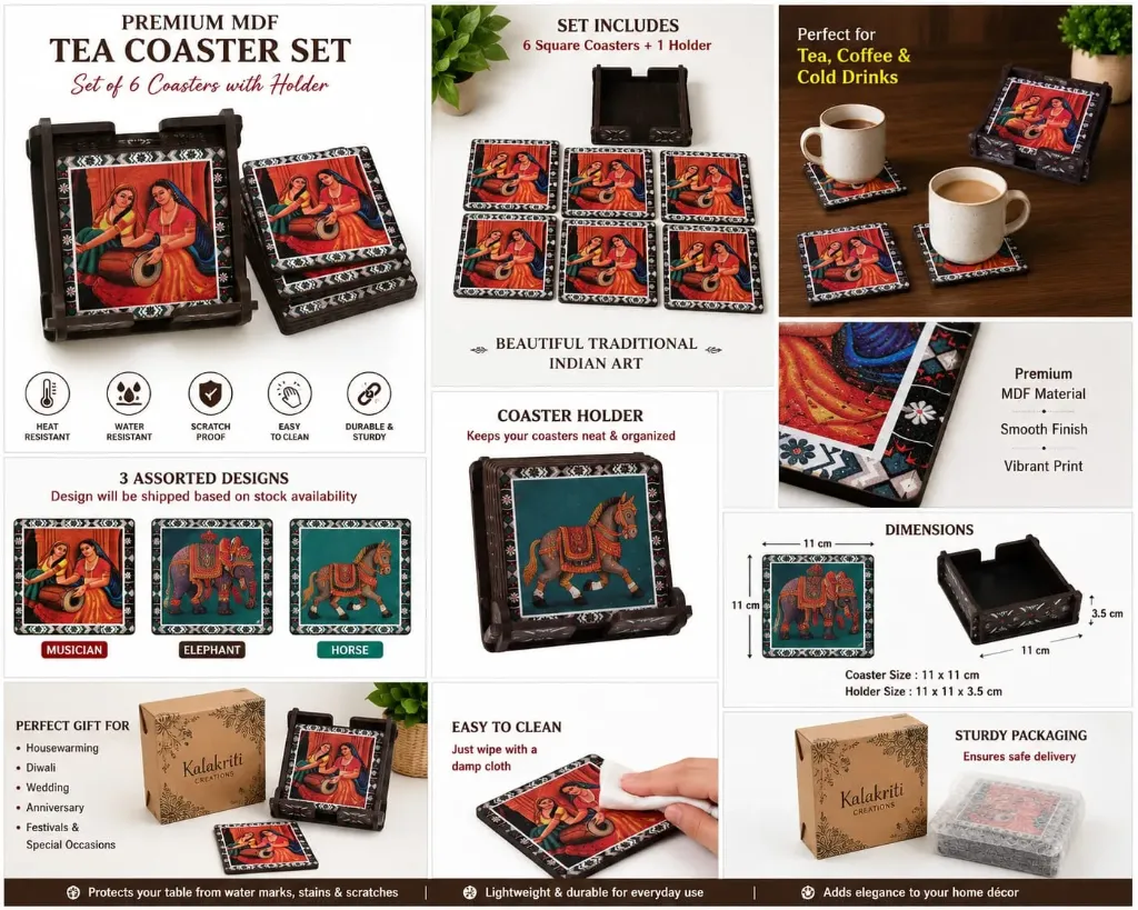 MDF Tea Coaster Set, Wooden Coaster Set, Tea Coaster with Holder, Coffee Mug Coaster, Drink Coaster Set, Table Protection Coasters, Indian Art Coasters, Elephant Print Coaster, Wooden Table Coasters, Premium MDF Coasters, Decorative Coaster Set, Kitchen Accessories, Dining Table Accessories, Housewarming Gift, Diwali Gift, Wedding Gift, Office Desk Accessories, Kalakriti Creations, Handmade Style Coasters, Coaster Set Pack of 6.